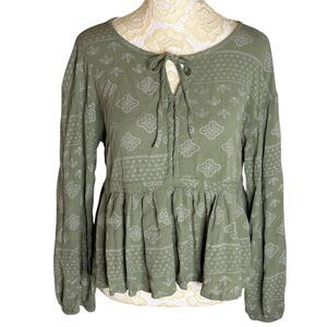 Dip Boho Top Blouse Shirt Puff Sleeve Peplum Sage Green S